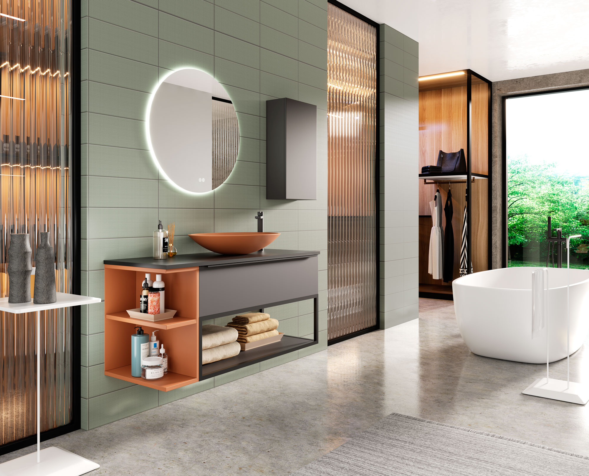 Mueble de baño de suelo de 60 cm con lavabo integrado color musgo Modelo  Granada